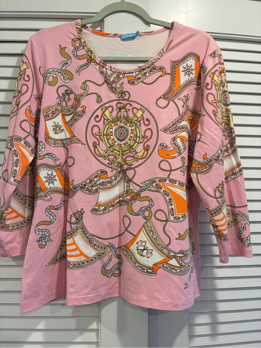 J. McLaughlin Pink Nautical-Print Long Sleeve Top with Orange  chains Accents